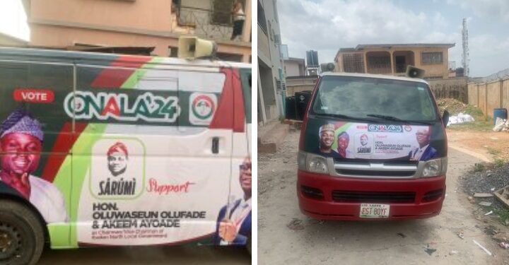 LG Poll: Hon. Lanre Sarumi Boosts Hon. Oluwaseun Olufade’s Campaign with Branded Bus and Gifts