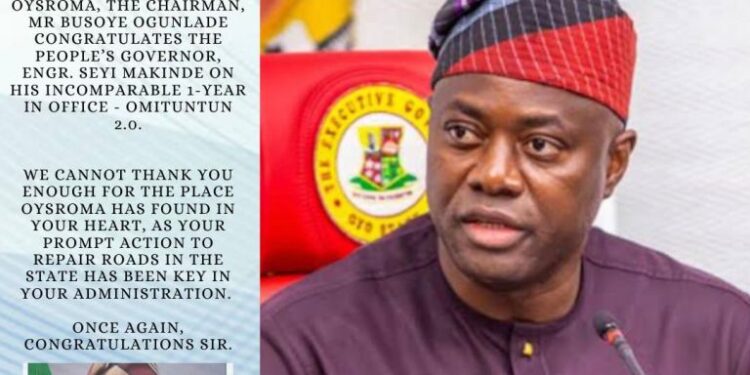 OYSROMA Chairman, Ogunlade Congratulates Makinde on His 5th Year Anniversary