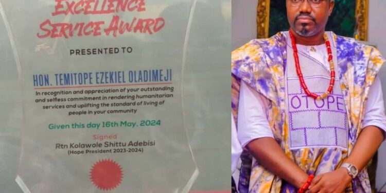 Rotary Club of Ibadan Honours Hon. Temitope Ezekiel Oladimeji OTOPE with Prestigious Award of Excellence