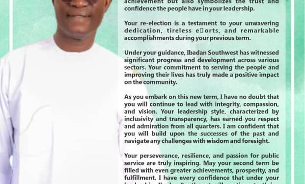 Your re-election is a testament to your unwavering dedication, tireless efforts, and remarkable accomplishments during your previous term  Adeniji Oladapo Samuel  Congratulate Hon Kehinde Akande