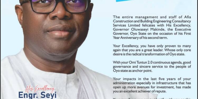One-Yr Anniversary: You remain an Excellent Achiever of Repute— CEO Afia Construction, Mogaji Adanla felicitates Gov. Makinde*