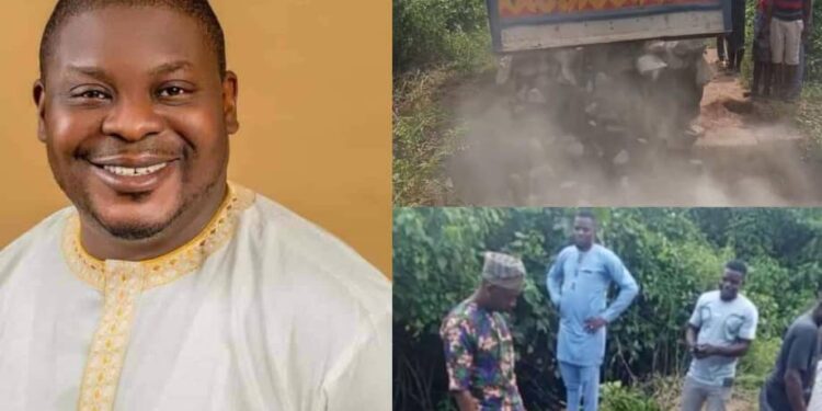 Flooded Bridge: Adeojo Eases Residents Movement, Fills Flooded Road With Truck of Stone Base (videos)