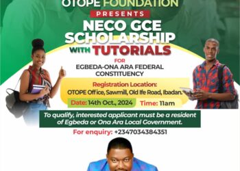 OTOPE Foundation Offers NECO GCE Scholarship with Tutorials to Egbeda-Ona Ara Federal Constituency Residents