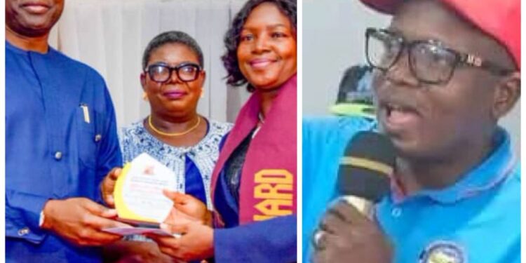 MERIT AWARD:  Oyo Nulge President, Com Ayobami Adeogun Congratulates Award Recipient, Banke Adeyemo