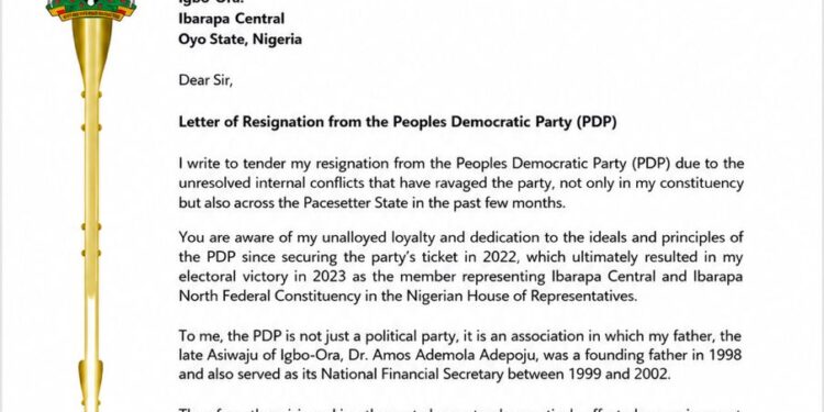 Ibarapa North /Central Federal Rep, Anthony Adepoju Resigns from PDP Over Internal Crisis