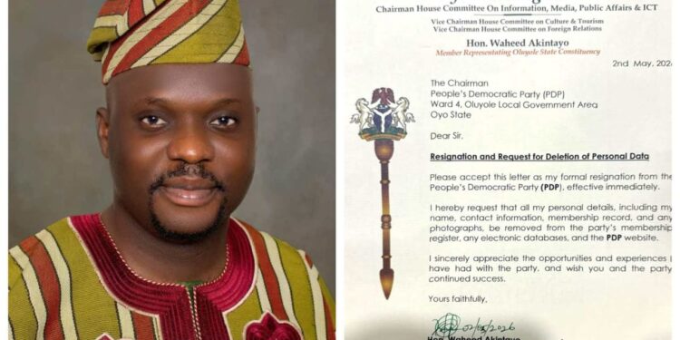 *Oyo Assembly Lawmaker, Waheed Akintayo “Ilumoka” Resigns From PDP • Requests Deletion of Personal Details From Party’s Membership Register*
