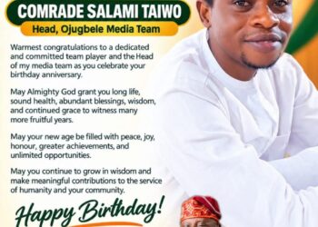 Ogun West APC Senate Candidate, Hon. Jimoh Olushola Ojugbele Congratulates Comrade Salami Taiwo on His Birthday
